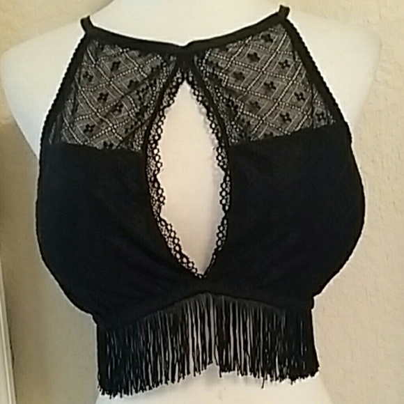 Other - Black Fringe halter lace Festival top 2XL plus sz